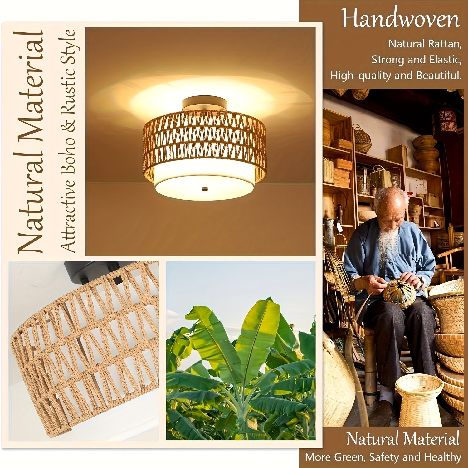 Bela Rattan Ceiling Light | Semi-Flush Mount with Linen Shade