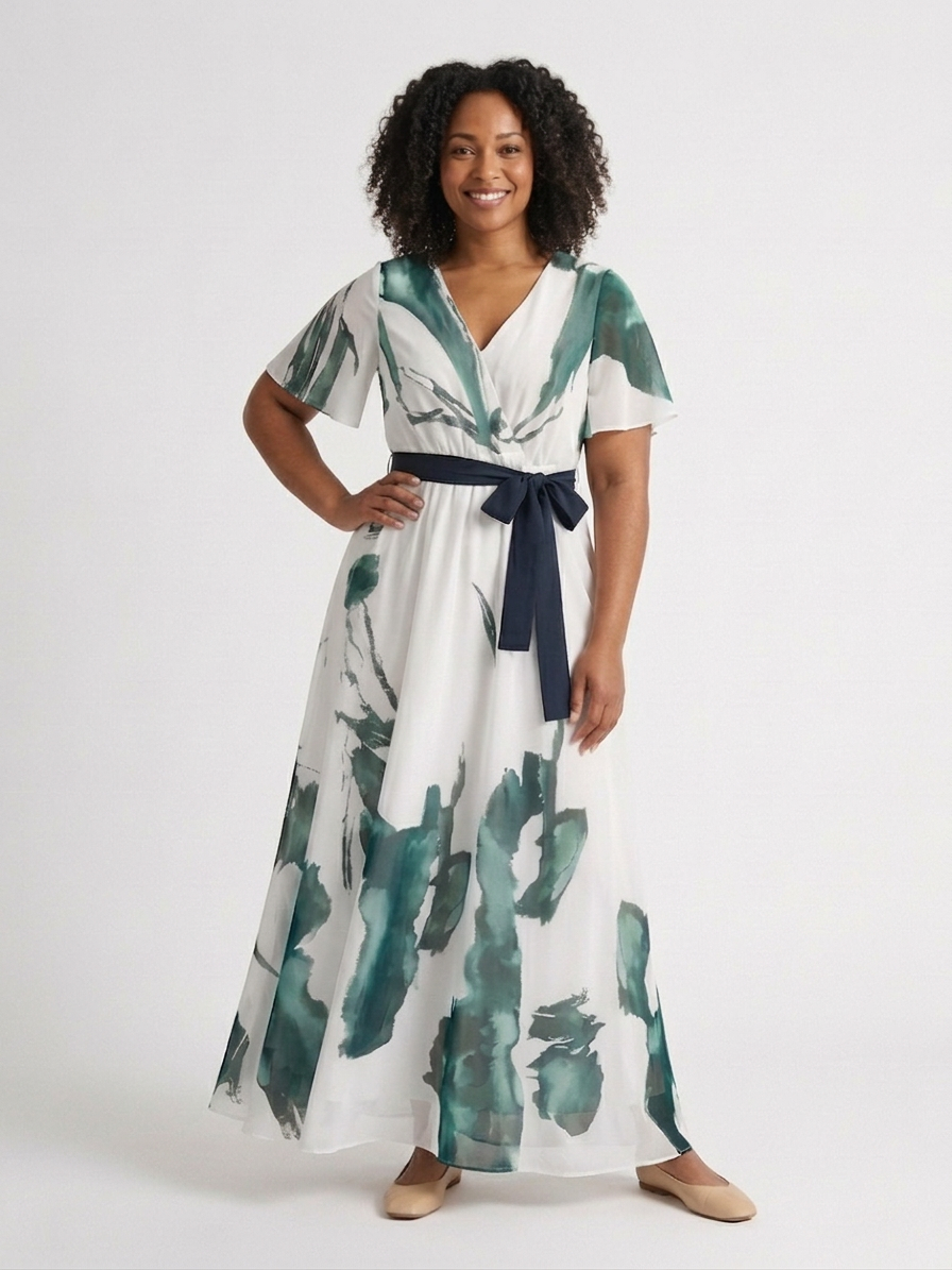 Elegant Maxi Dress for Women Wrap Flutter-Sleeve Belted