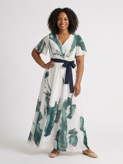 Elegant Maxi Dress for Women Wrap Flutter-Sleeve Belted