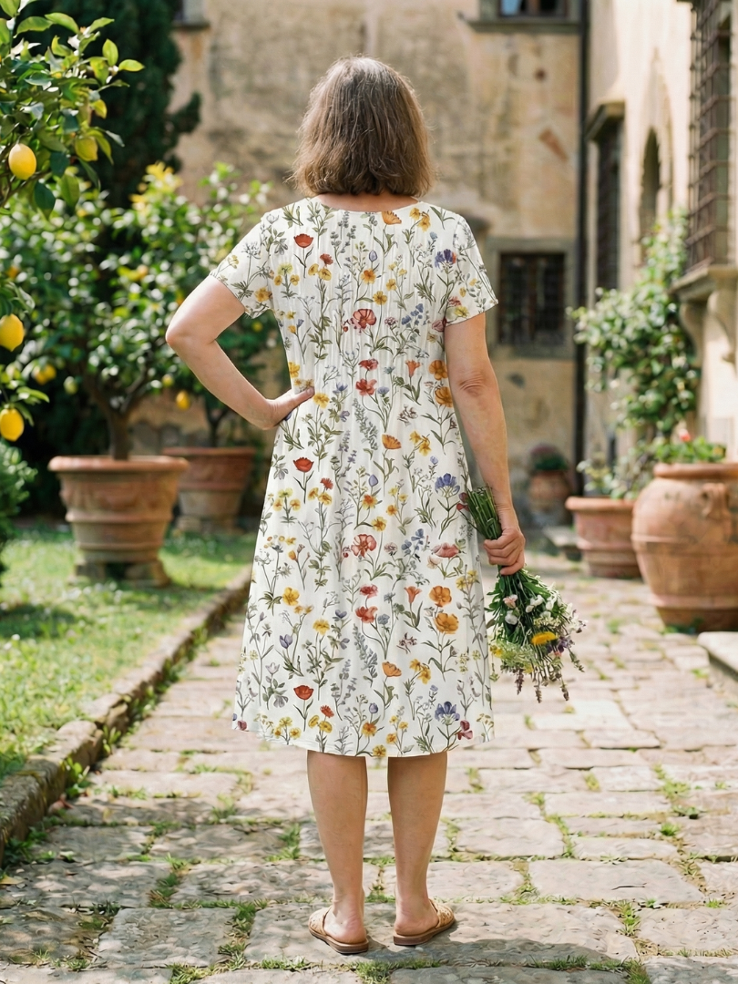 Effortless Floral Midi Dress for Women Short-Sleeve Pintuck