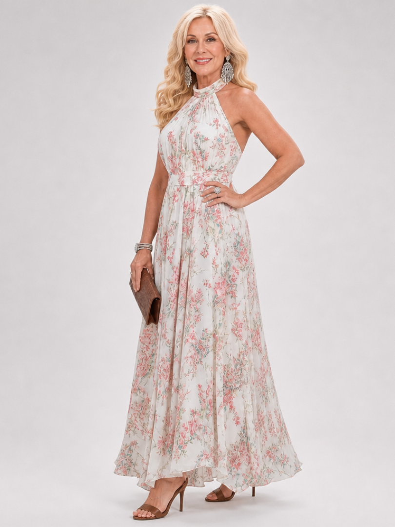 Elegant Floral Maxi Dress for Women Halter Belted