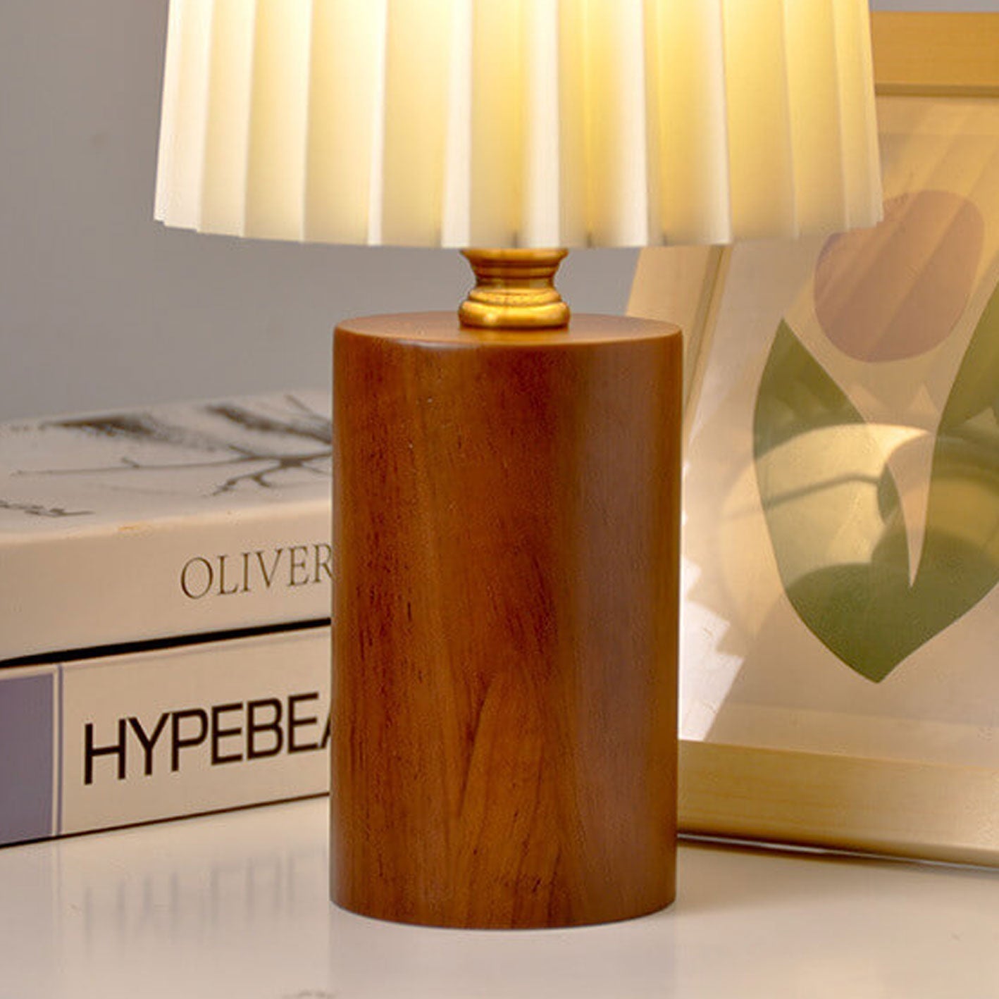 Classic Korean Pleated Column Table Lamp with Solid Wood Base - 1 Light