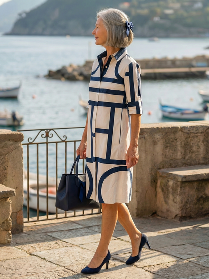 Stylish Shirt Midi Dress for Women Collared Button-Front Print