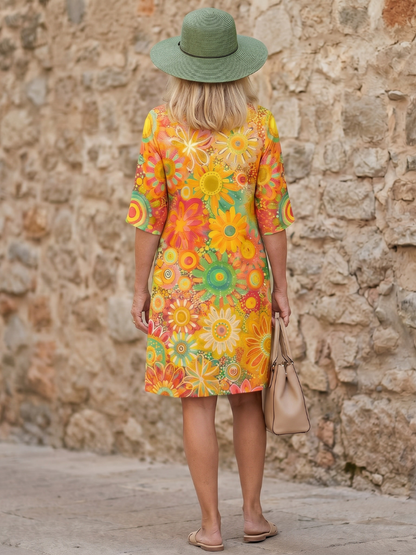 Stylish Knee-Length Dress for Women Floral-Print V-Neck Half-Sleeve