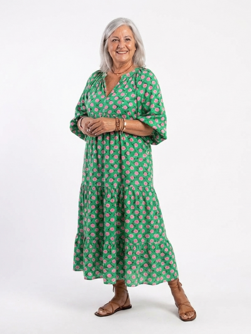 Elegant Maxi Dress for Women Floral-Print Tiered Long-Sleeve