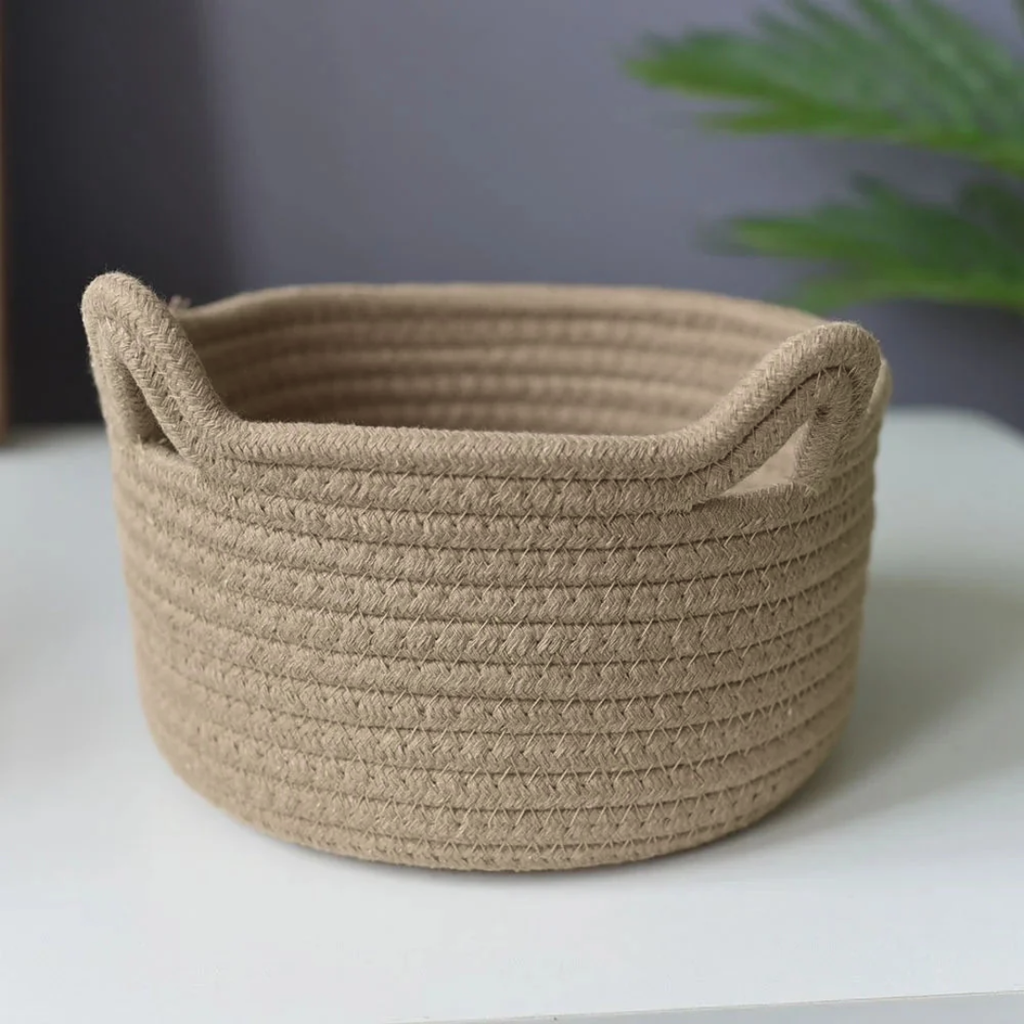 Desktop Storage Basket, Cat Ear Design, Cotton Rope Material, Natural Color
