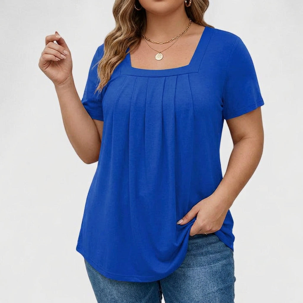 Elegant Blouse for Women Square-Neck Short-Sleeve Pleated