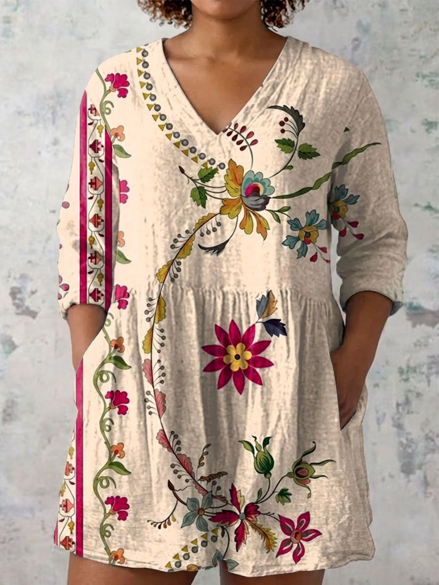 Elegant Blouse for Women V-Neck Long-Sleeve Botanical-Print