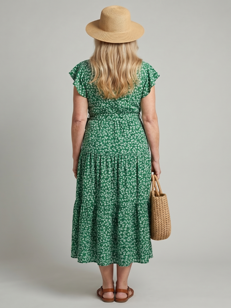 Effortless Floral Print Wrap Midi Dress for Women — Green