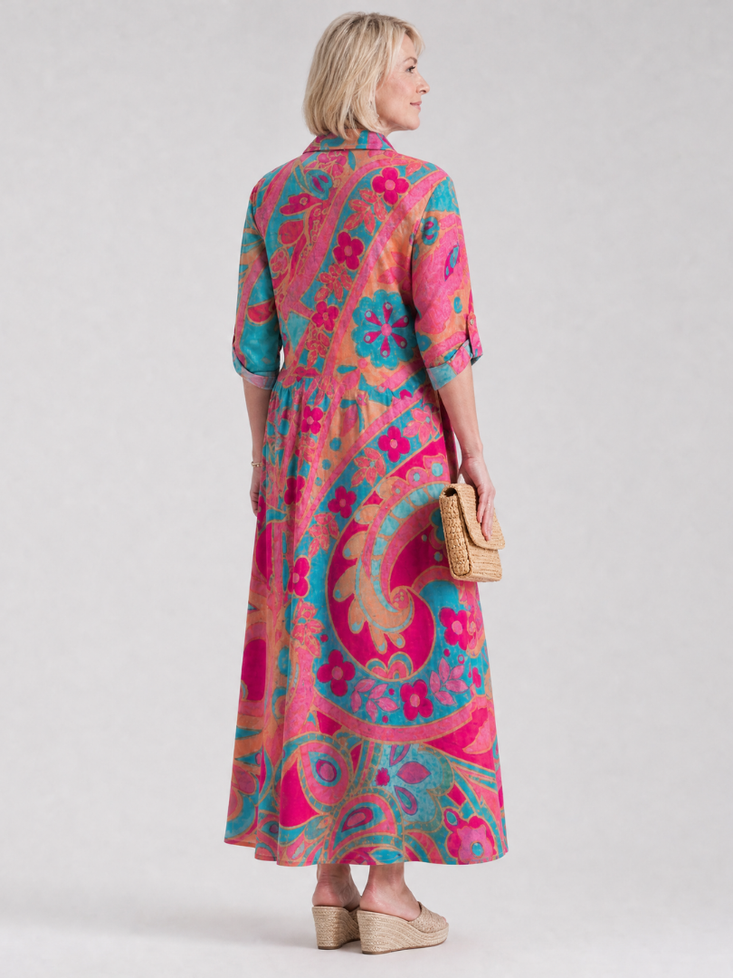 Stylish Paisley Maxi Shirt Dress for Women Button-Front