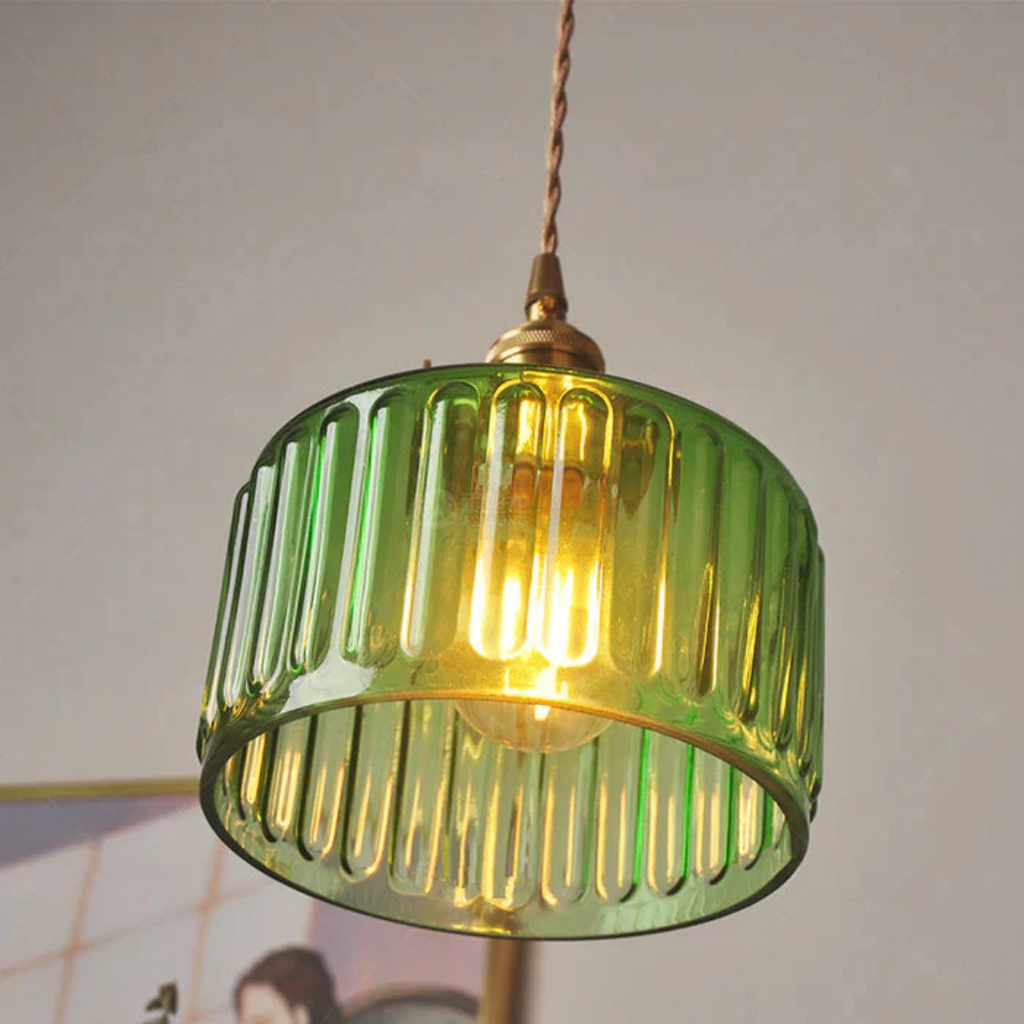 Gryo Glass Pendant Light | Ribbed Green Shade, E27 Fitting