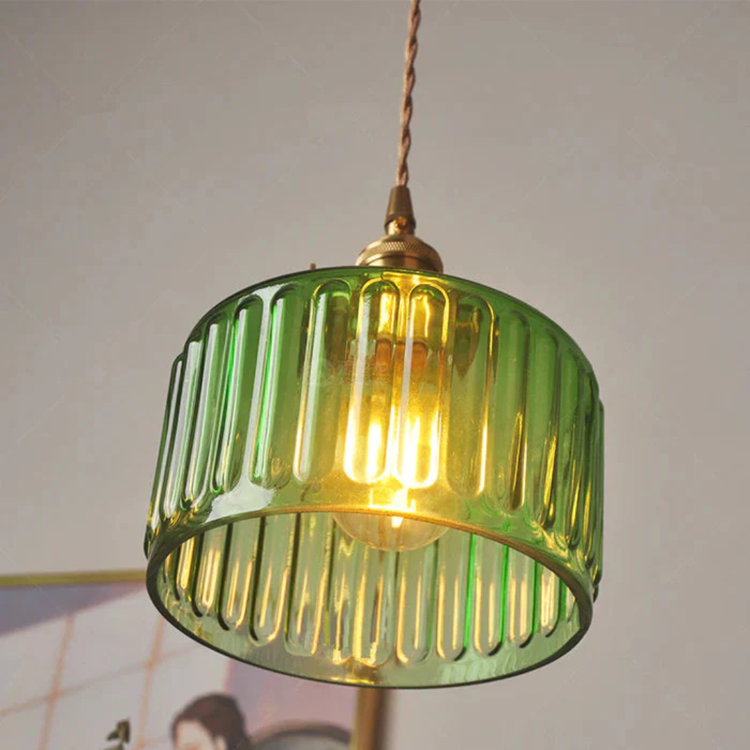 Gryo Glass Pendant Light | Ribbed Green Shade, E27 Fitting