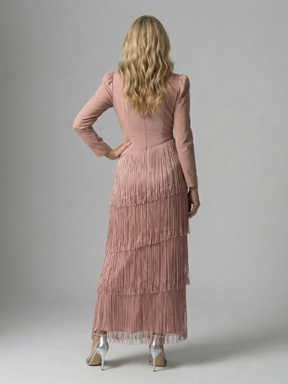 Elegant Fringe Layered Long Sleeve Maxi Dress for Women