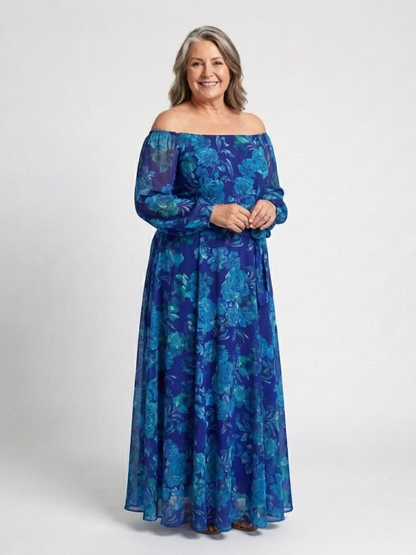 Elegant Maxi Dress for Women Off-Shoulder Floral Long-Sleeve