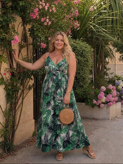 Elegant Maxi Dress for Women V-Neck Sleeveless Tropical-Print