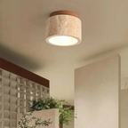 Radia - Cylinder-shaped Travertine Ceiling Lamp with Wooden Accent