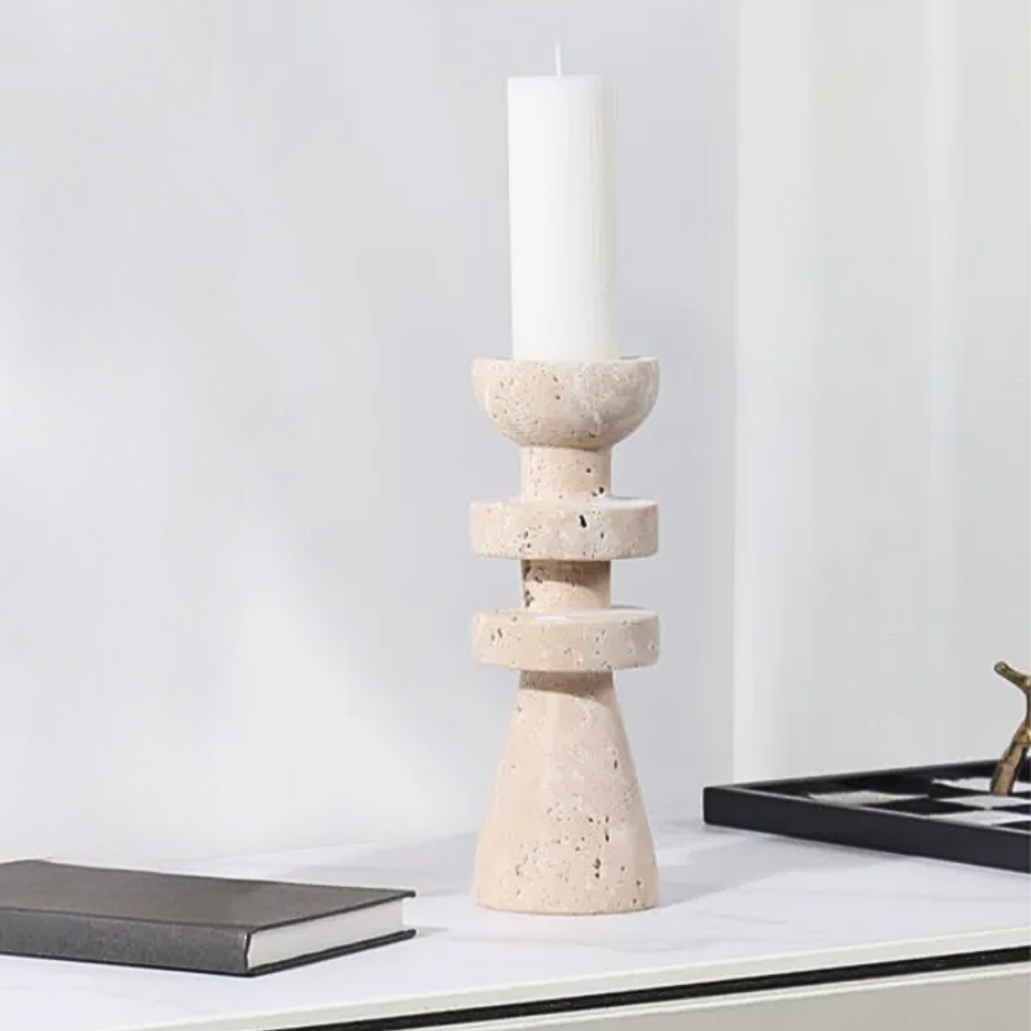 Alfi Candle Holder | Travertine Stone, Two-Tiered Design