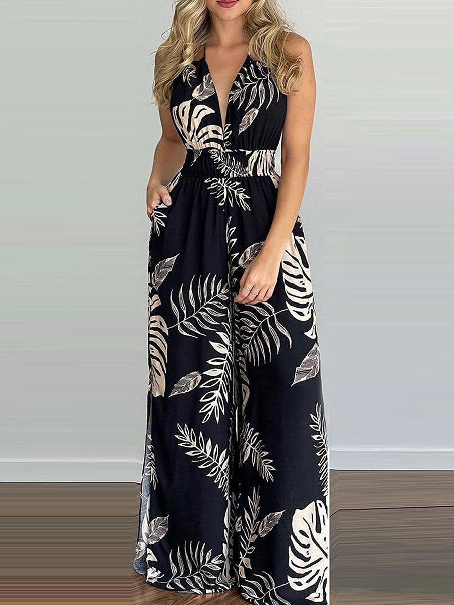 Elegant Maxi Dress for Women Halter Deep-V Palm-Print