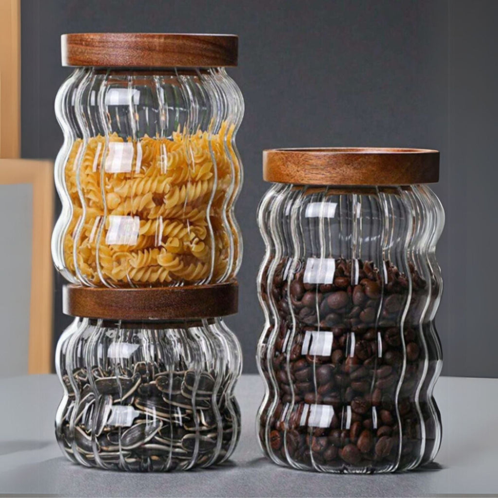 Bela Glass Jar Set | Wooden Lids, Hermetic Silicone Closure