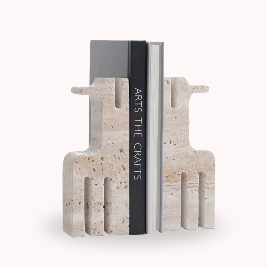 Bela Ethnic Sculpture Bookends | Travertine Marble, Abstract Design