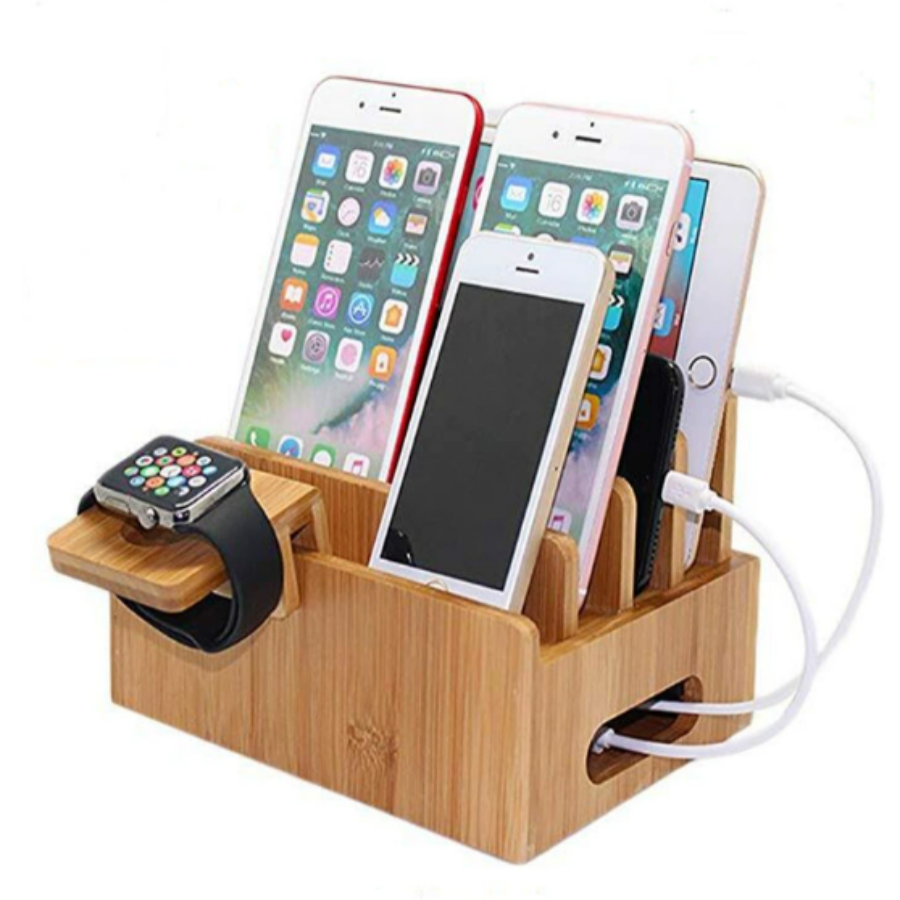 Charging Station Bamboo Desktop Organizer with 5 USB Ports and Cable Management
