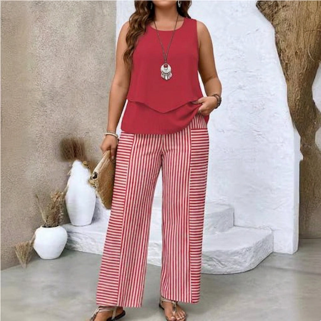 Elegant Two-Piece Set for Women Layered Striped Wide-Leg