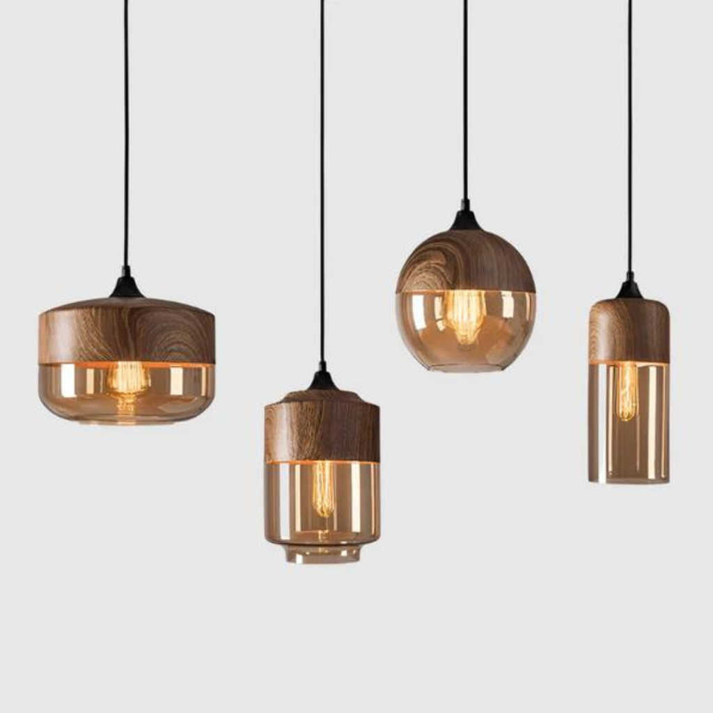 Viresta - Scandinavian Hanging Lamp of Wood and Tinted Glass