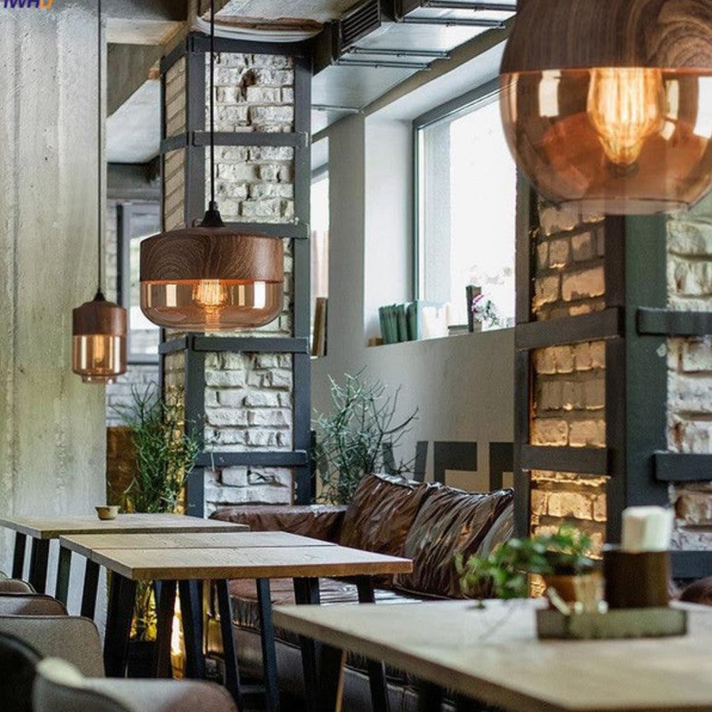 Viresta - Scandinavian Hanging Lamp of Wood and Tinted Glass