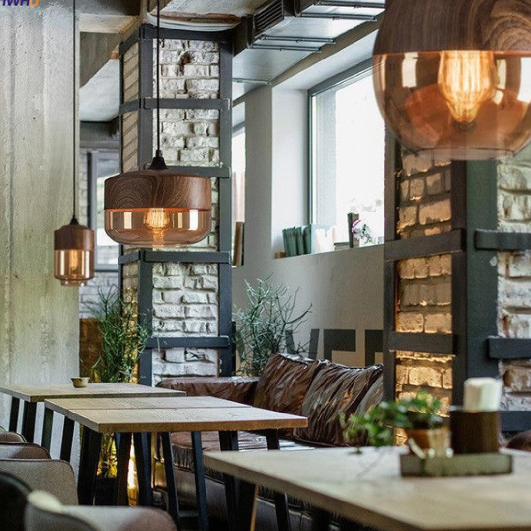 Viresta - Scandinavian Hanging Lamp of Wood and Tinted Glass