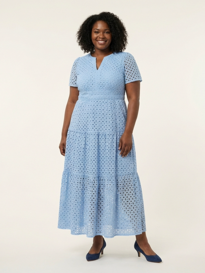 Effortless Eyelet Maxi Dress for Women V-Neck Tiered Short-Sleeve