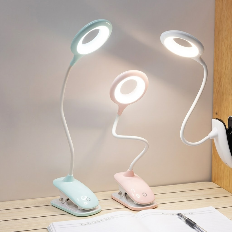 USB Rechargeable Clip-On Reading Lamp with Flexible Gooseneck and Dimmable Brightness
