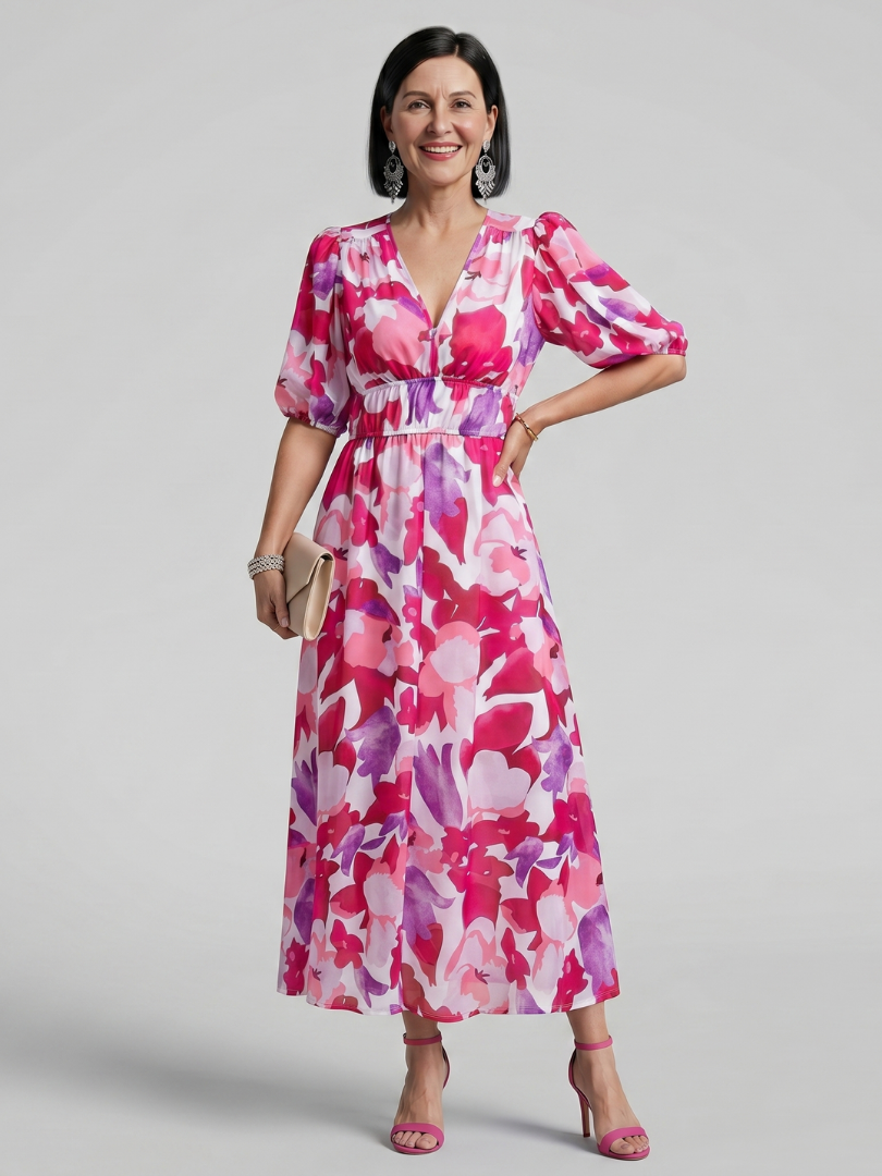 Elegant Maxi Dress for Women Abstract Print Puff-Sleeve