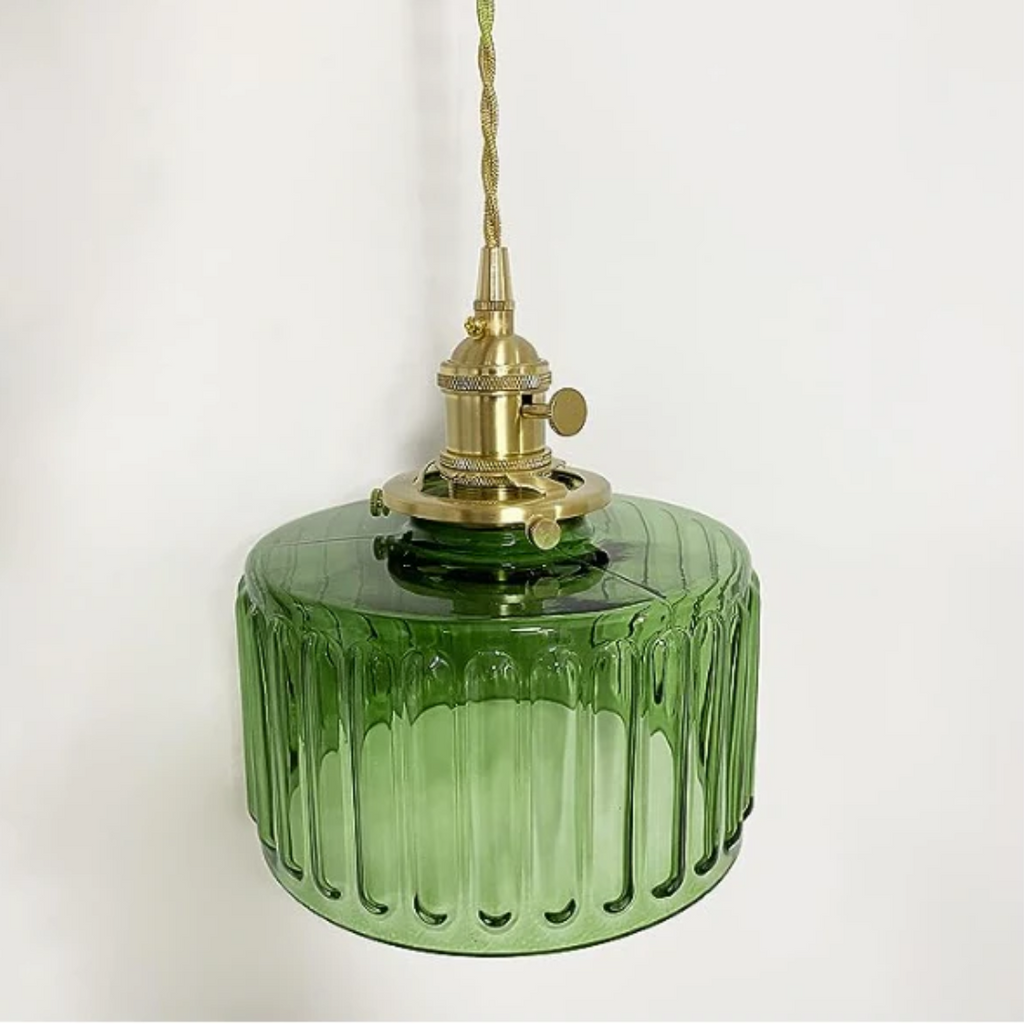 Gryo Glass Pendant Light | Ribbed Green Shade, E27 Fitting