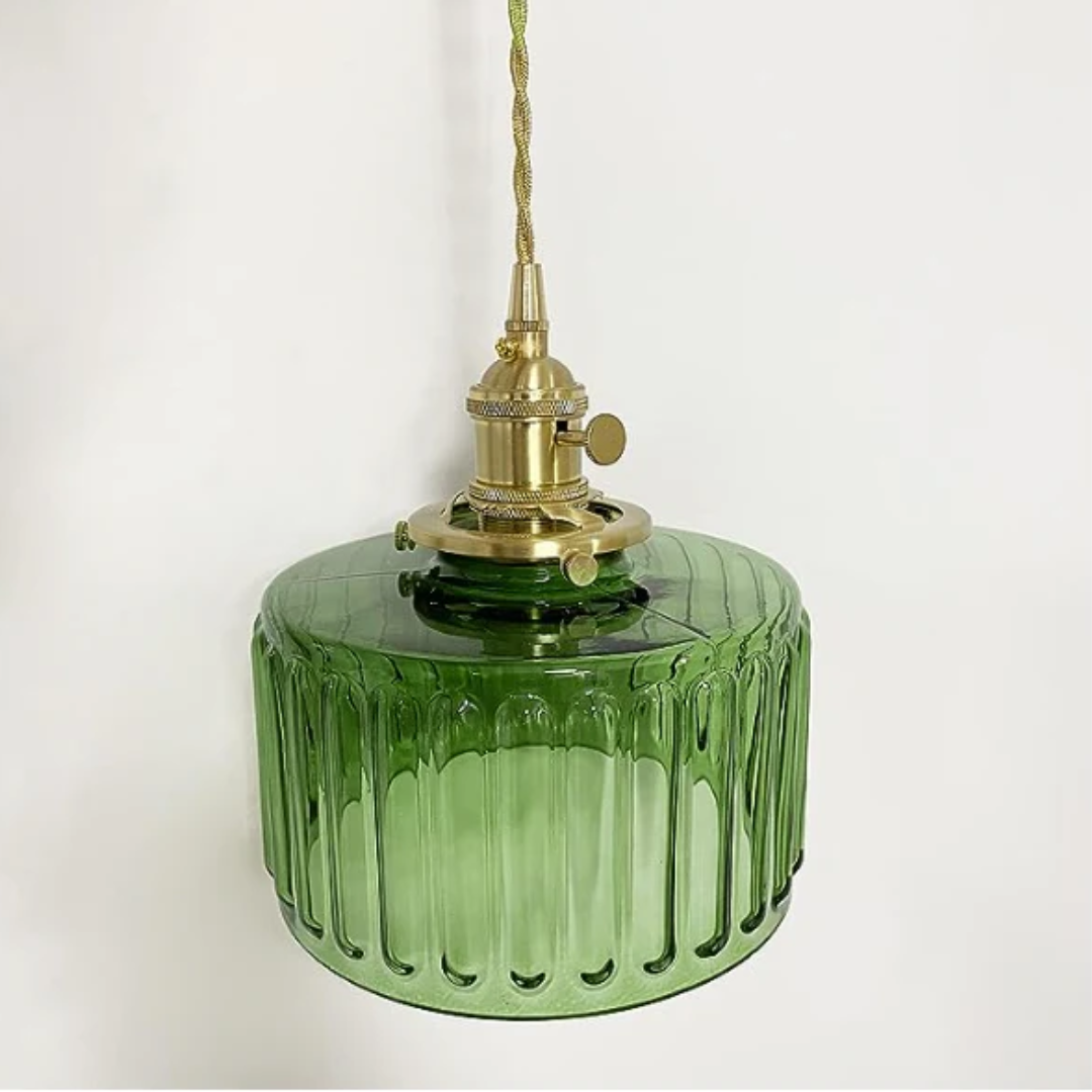 Gryo Glass Pendant Light | Ribbed Green Shade, E27 Fitting