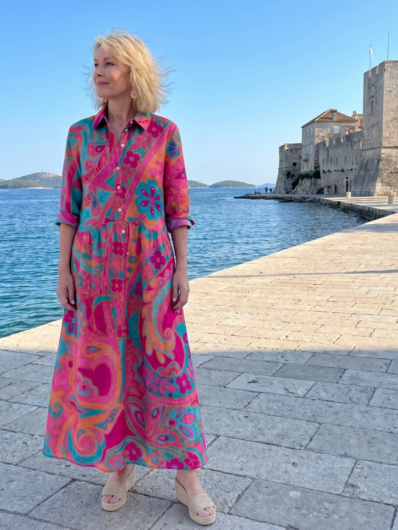 Stylish Paisley Maxi Shirt Dress for Women Button-Front