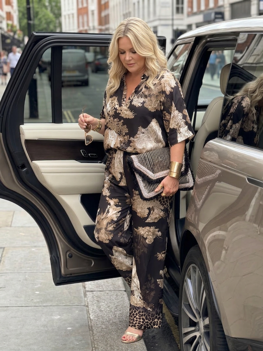 Effortless Two-Piece Set for Women Floral-Print Wrap-Top Wide-Leg