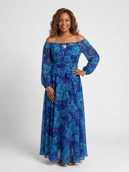 Elegant Maxi Dress for Women Off-Shoulder Floral Long-Sleeve
