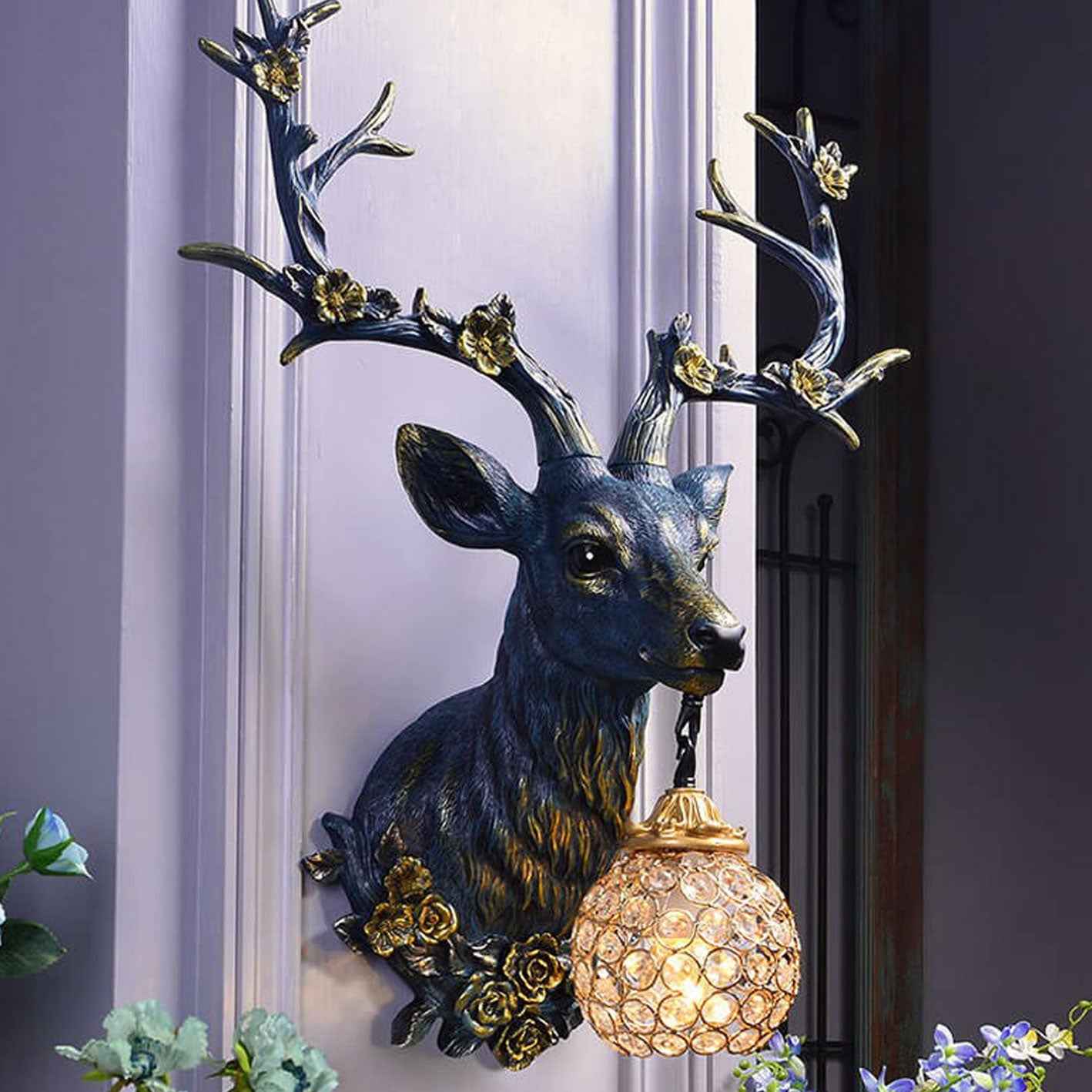 Vintage-Inspired Resin Deer Head Wall Sconce Lamp with Single Light