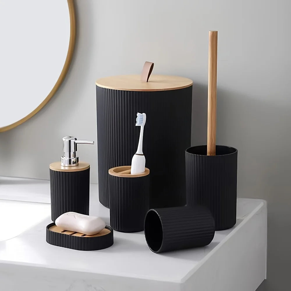 Bathroom Accessory Set 6 Piece Ribbed Finish Plastic and Bamboo Organizer