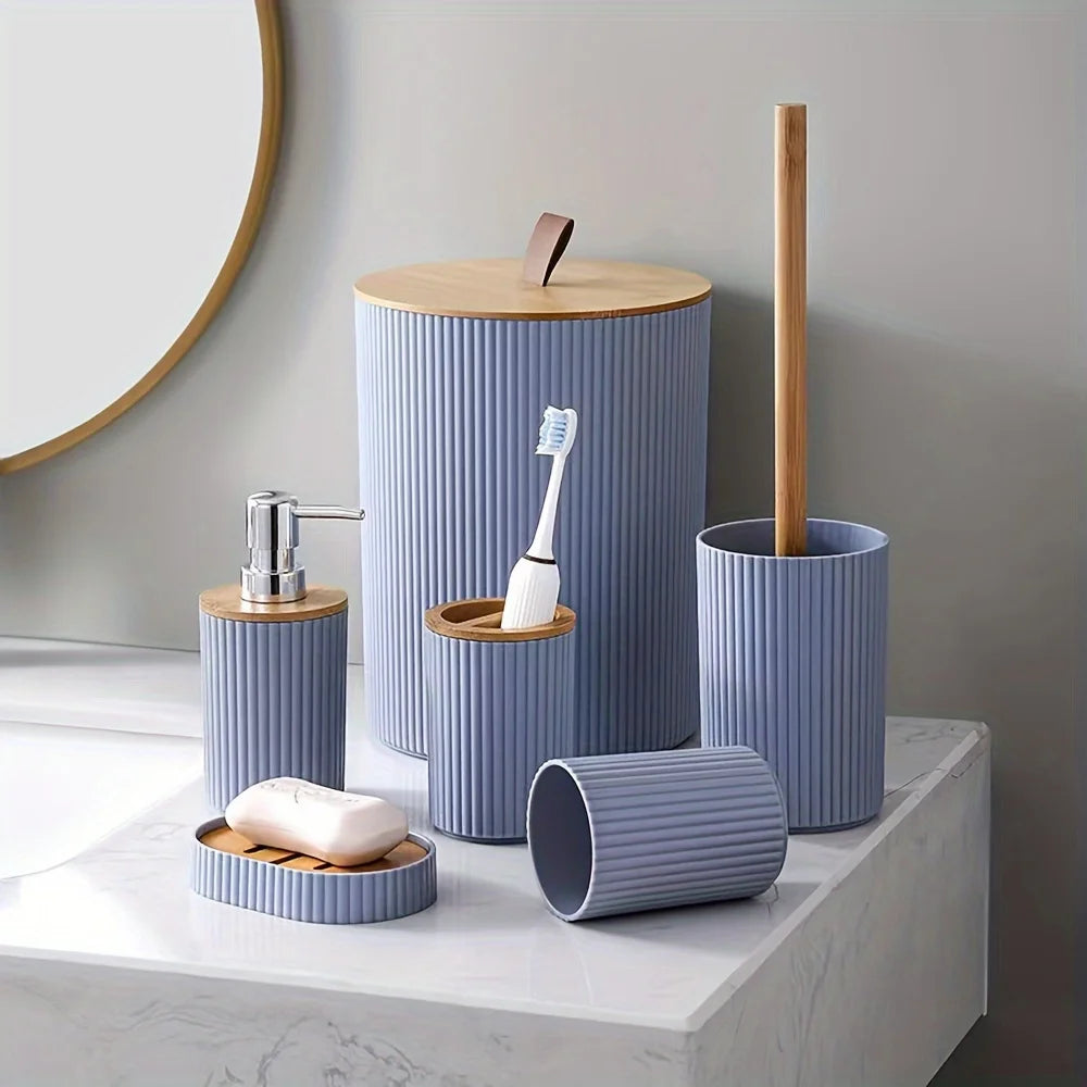 Bathroom Accessory Set 6 Piece Ribbed Finish Plastic and Bamboo Organizer