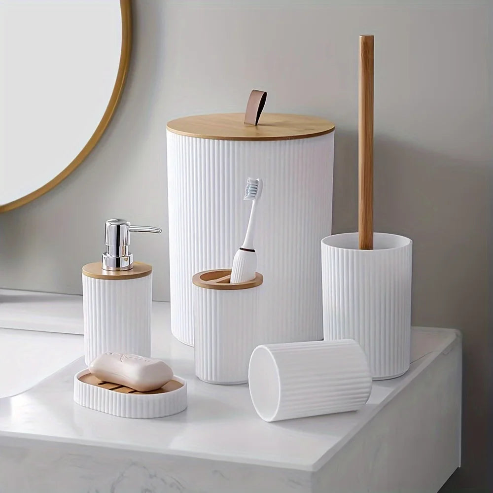 Bathroom Accessory Set 6 Piece Ribbed Finish Plastic and Bamboo Organizer