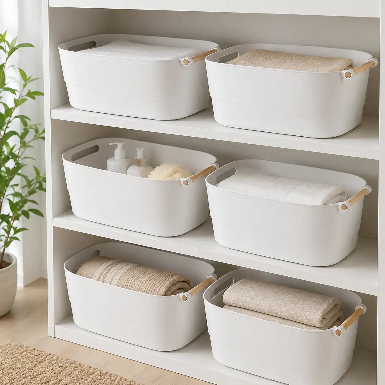 Storage Tub with Wooden Handles Open Top Household Organizer