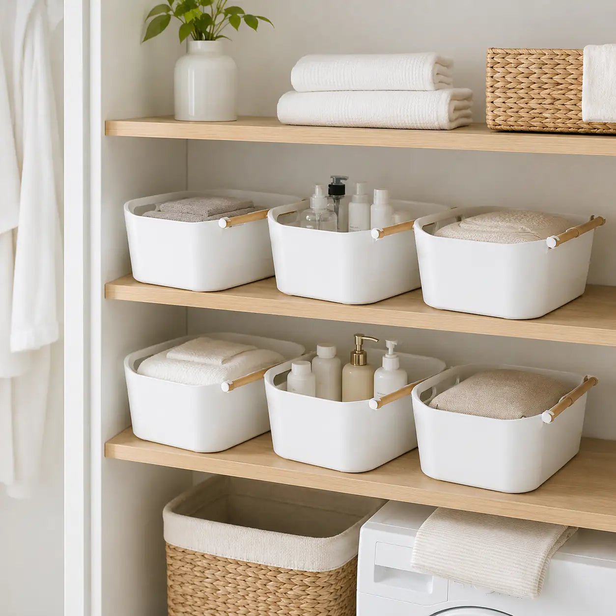 Storage Tub with Wooden Handles Open Top Household Organizer