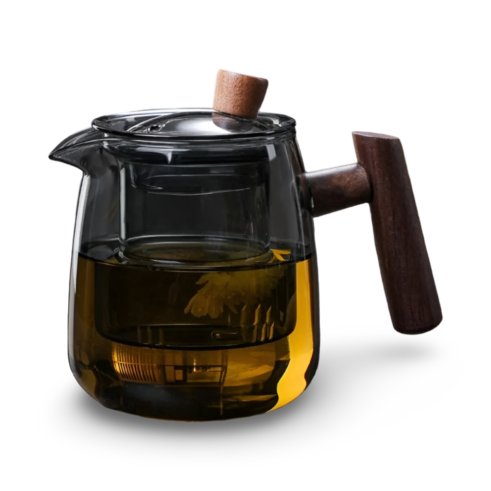 Rovienne – Smoke Gray Glass Teapot 600ml with Wooden Handle