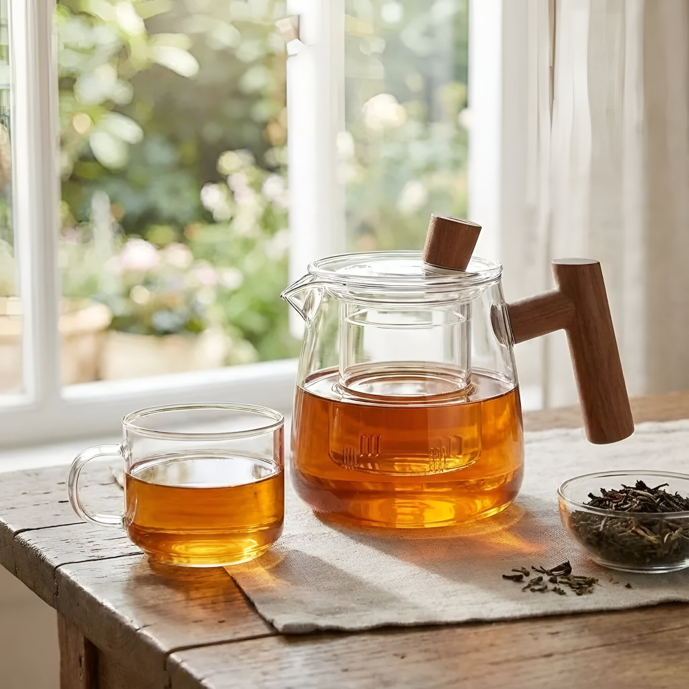 Rovienne – Smoke Gray Glass Teapot 600ml with Wooden Handle