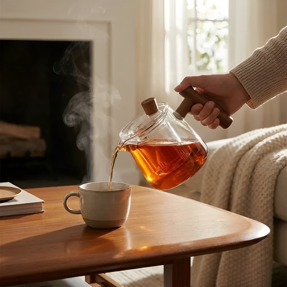 Rovienne – Smoke Gray Glass Teapot 600ml with Wooden Handle