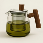 Rovienne – Smoke Gray Glass Teapot 600ml with Wooden Handle