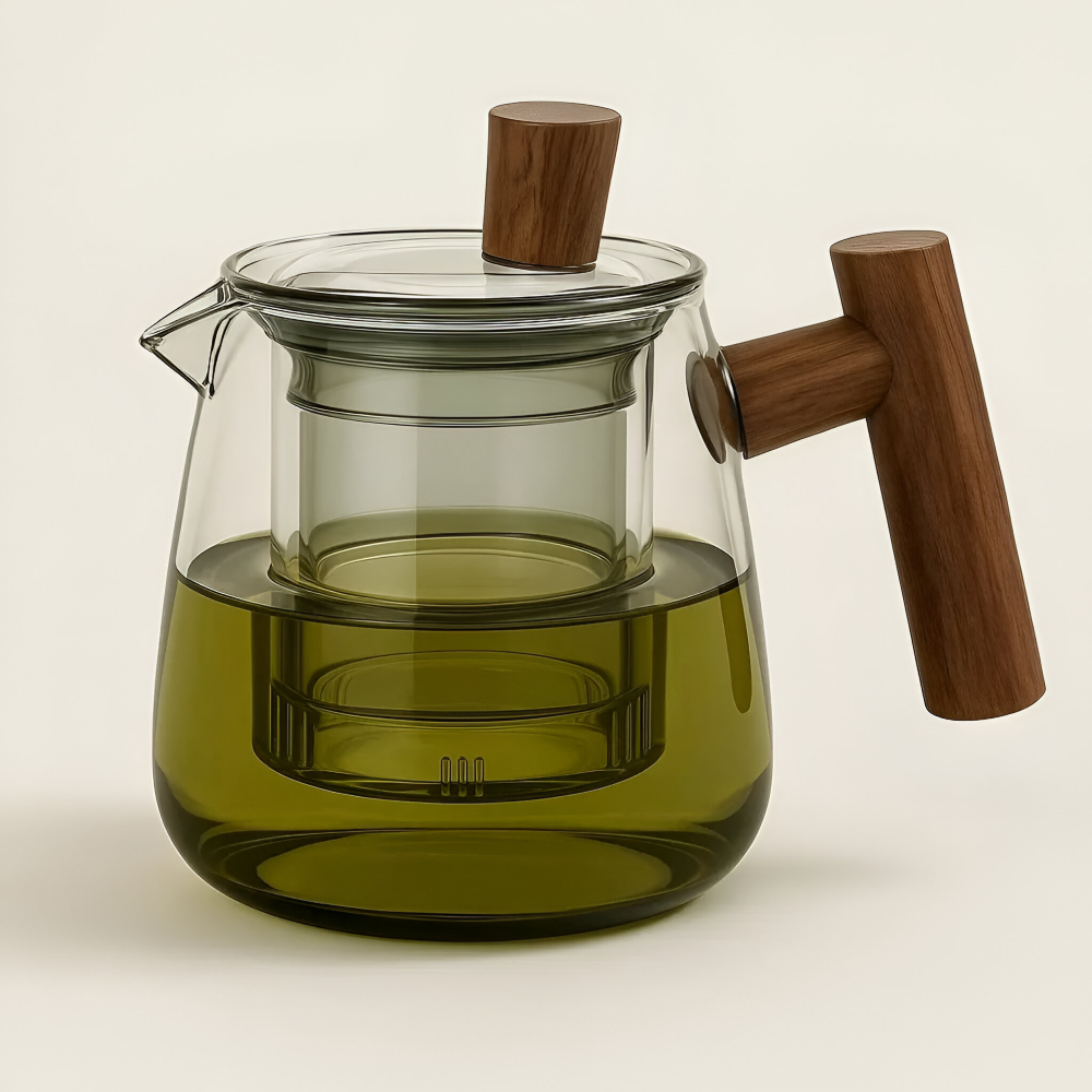 Rovienne – Smoke Gray Glass Teapot 600ml with Wooden Handle