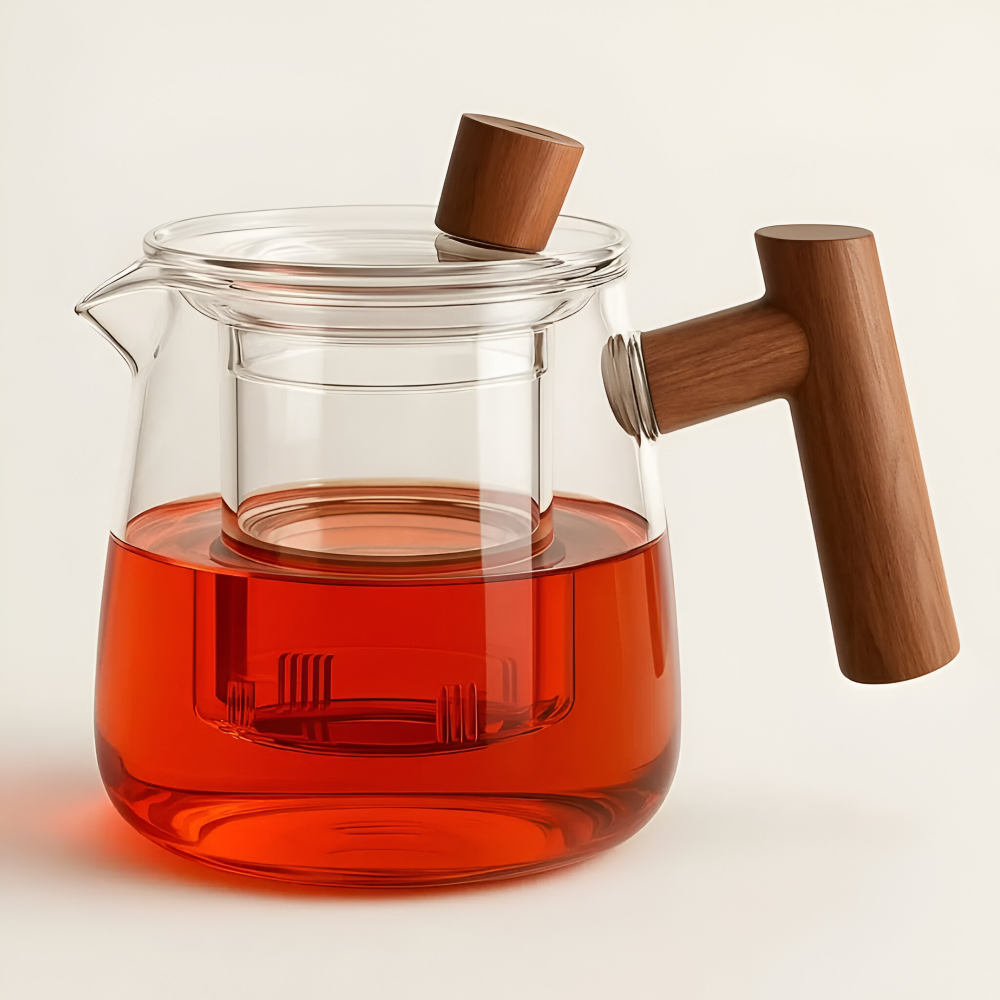 Rovienne – Smoke Gray Glass Teapot 600ml with Wooden Handle