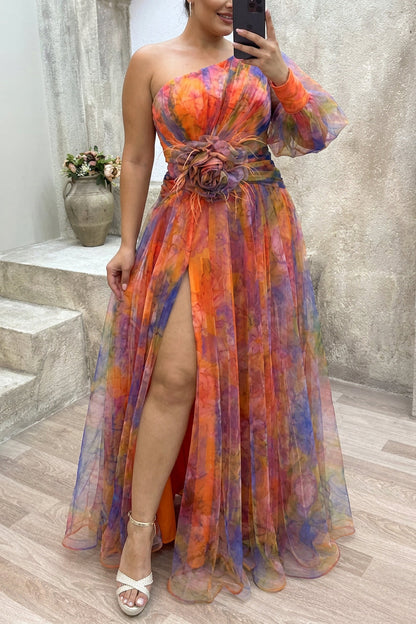 Elegant Maxi Dress for Women One-Shoulder Floral-Print Tulle